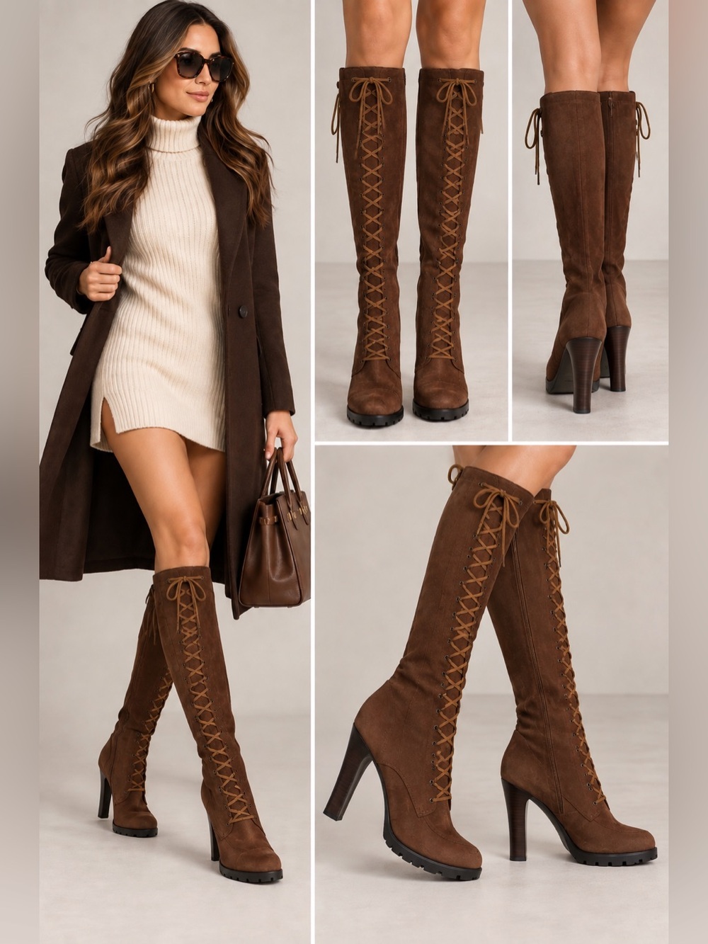 Lauren Ralph Lauren Brown Suede Victorian Lace Up Knee High Boots 9.5M Tall